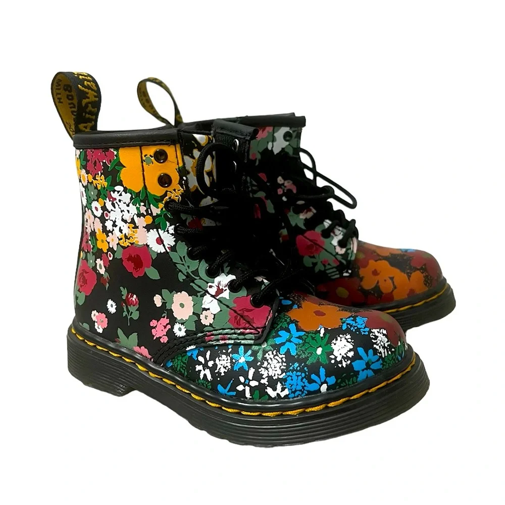 Dr. Martens Kids Floral Patent Leather Boots - Black Multi